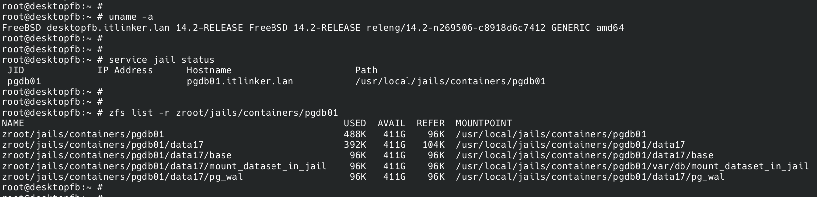 D01 - Freebsd 14-2 Jail - Datasets on the host and Jail pgdb01 started.png