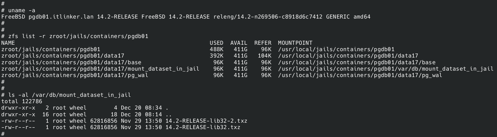 D03 - Freebsd 14-2 Jail - Datasets on the  jail pgdb01 and filled with 2 files of a size of 60...png
