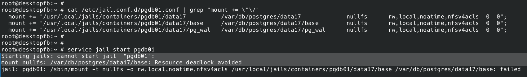 D03 - Starting jails - cannot start jail pgdb01 - mount_nullfs - Resource deadlock avoided.png