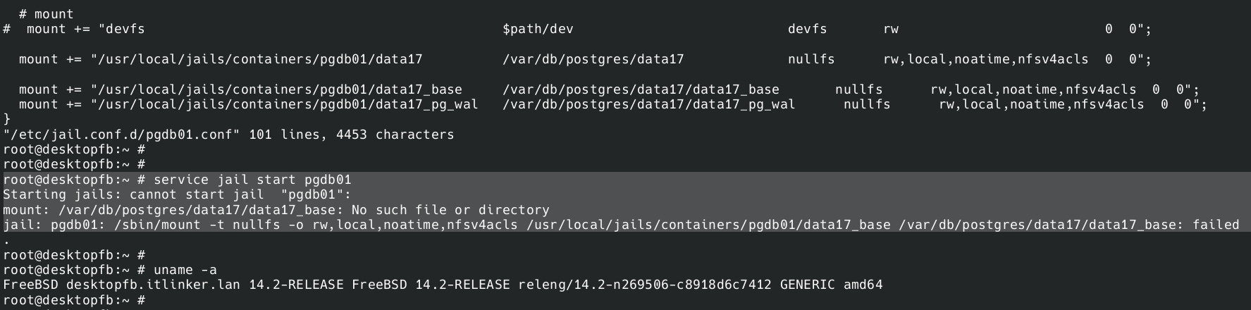 E01 - Starting jails - cannot start jail pgdb01 - mount_nullfs - mount -t nullfs [No such file...png